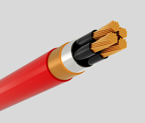 A close up view of a multi stranded electrical cable with a red outer insulation, 3d illustration