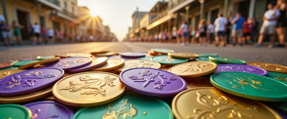 Colorful Mardi Gras doubloons on festive street, celebration spirit