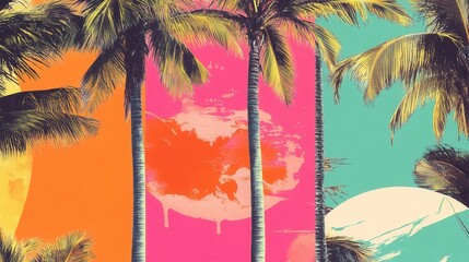 Tropical scene with palm trees and vibrant background.