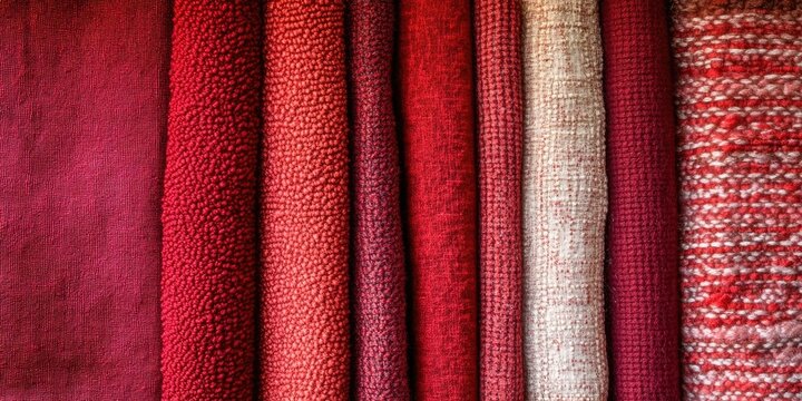 Textured red fabric swatches arranged in horizontal rows showcasing various tones and patterns with rich hues of crimson and burgundy