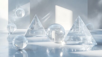 An arrangement of transparent crystal pyramids and spheres floating gently in a minimalist space filled with soft, diffused light