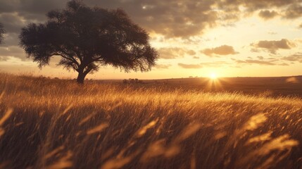 Obraz premium Sunset over golden grass field with lone tree.