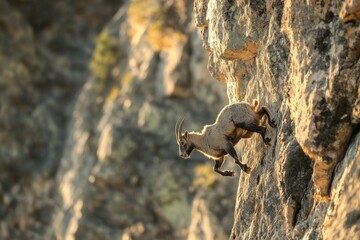 Obraz premium Nepalese mountain goat caught on camera with a beautiful moment climbing a steep rocky mountain on the edge of a cliff, sharp horned mountain goat from the mountains of Nepal