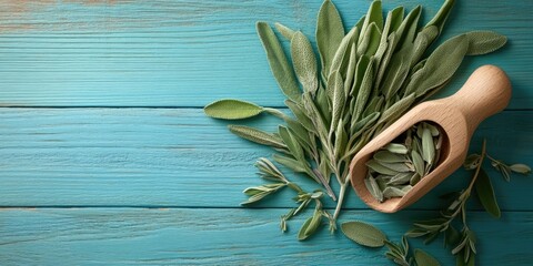 Obraz premium Sage herbal leaves and dried sage in wooden scoop arranged on a turquoise wooden table creating a fresh and natural composition