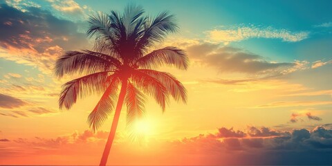 Fototapeta premium Vibrant sunset sky with hues of blue, orange, and yellow featuring a silhouette of a palm tree positioned on the right against abstract clouds.