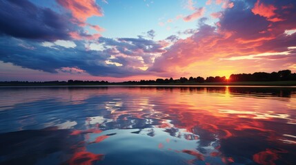 A serene lake reflects a vibrant sunset with dynamic clouds and a tree lined horizon