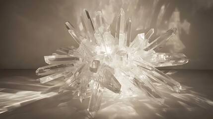 An abstract sculpture made of transparent crystal rods arranged in a complex, interwoven design with light creating a web of reflections