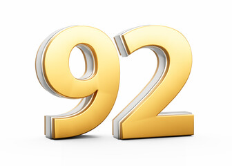 3D Golden Shiny Number 92 Ninety Two With Silver Outline On White Background 3D Illustration