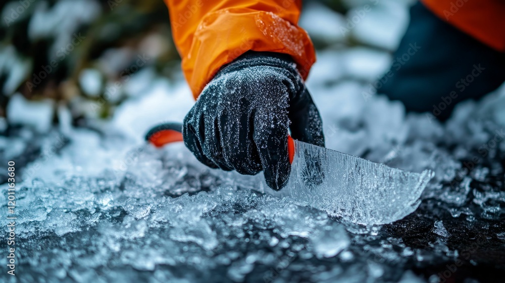 Poster gloved hand holds tool scraping frozen ice surface.