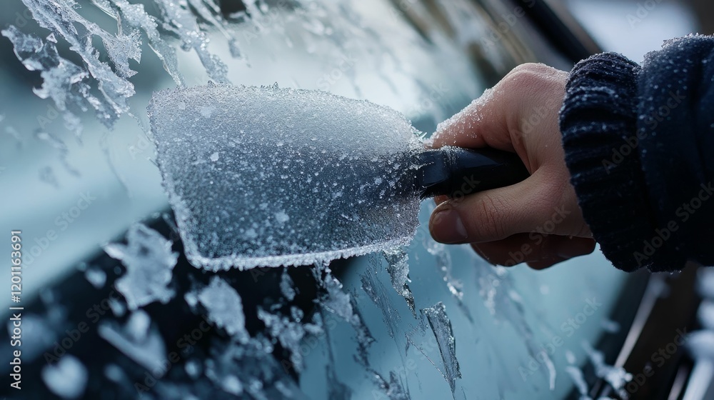 Poster hand scraping frozen ice from car windshield with tool.