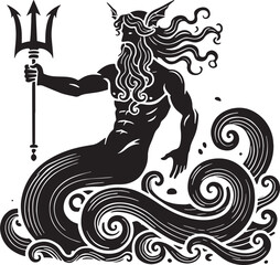 Black Color Greek Mythic Sea God Poseidon Silhouette Vector Illustration, Solid White Background