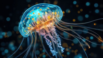 Fototapeta premium Bioluminescent jellyfish underwater, glowing with vibrant colors and tentacles.