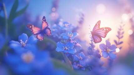 Two butterflies fly among blue flowers at sunset