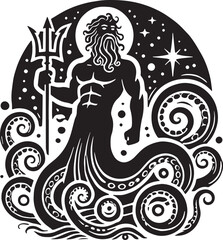 Black Color Greek Mythic Sea God Poseidon Silhouette Vector Illustration, Solid White Background