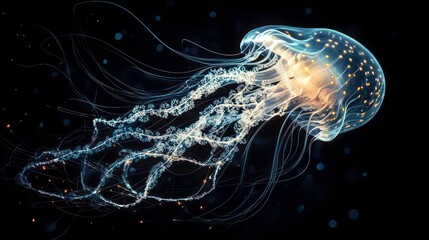 Fototapeta premium Illuminated jellyfish gracefully floats in dark water, glowing tentacles trailing.