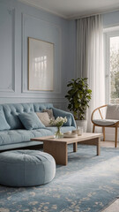 Fototapeta premium Peaceful Pastel Blue Scandinavian Living Room Featuring Fluffy Couch Sofa and Soft Aesthetic Interior Design Inspiration