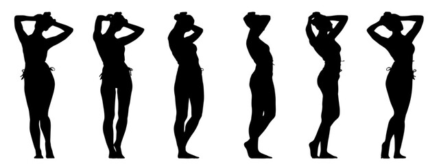 Vector concept conceptual black silhouette of a woman in a bathing suit from different  perspectives isolated on white background.  A metaphor for beauty, seduction, fitness, health and lifestyle