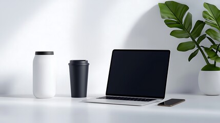 Modern Minimalist Workspace with Laptop and Plant