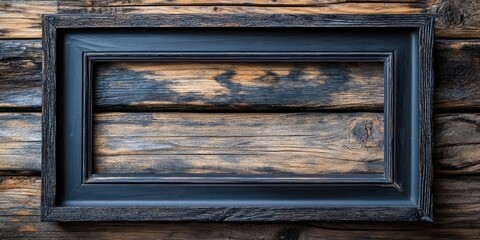 Rustic wooden background with dark weathered tones and a black rectangular picture frame centered, vintage filter applied for a classic look