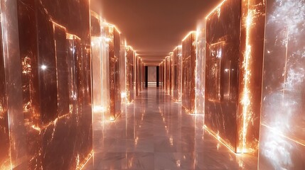 A futuristic corridor lined with transparent crystal panels, creating a visually striking pathway illuminated by ambient light