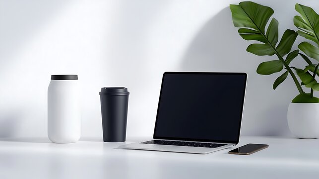 Modern Minimalist Workspace with Laptop and Plant