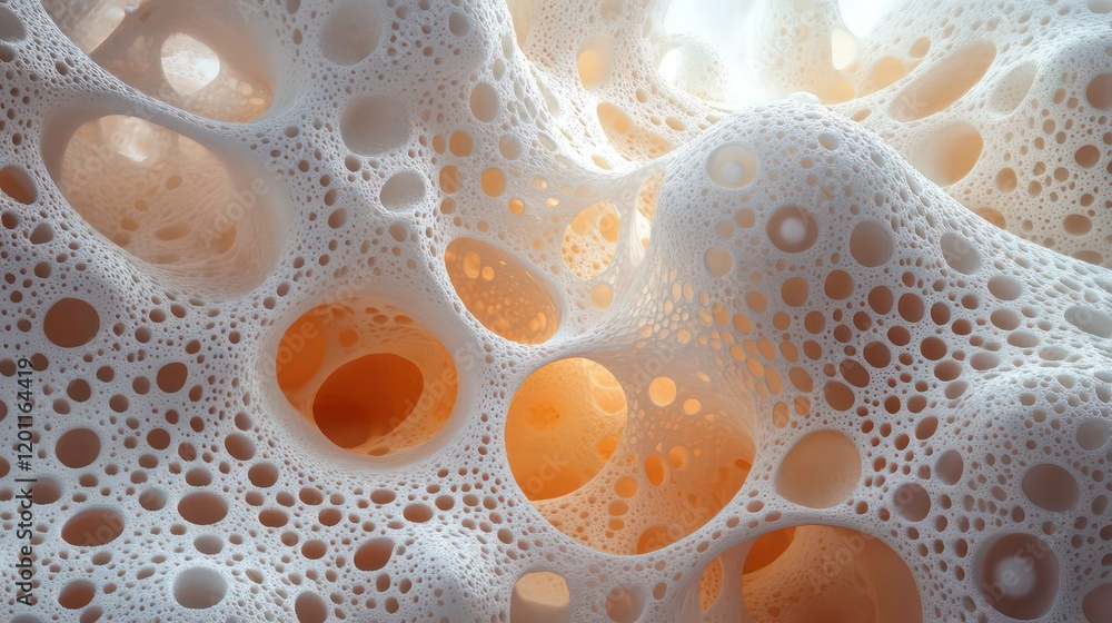 Poster abstract 3d render of porous, cavernous, organic structure with light and shadow.