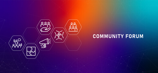 Community forum online group chat gradient header social communication interaction illustration concept of members discuss conversation