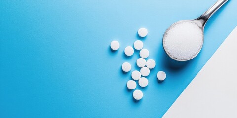 Selection of sweeteners with white tablets and sugar in a spoon on a blue background positioned diagonally, ideal for diabetics and sugar substitutes.