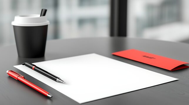 Modern workspace with coffee, pen and paper on dark table