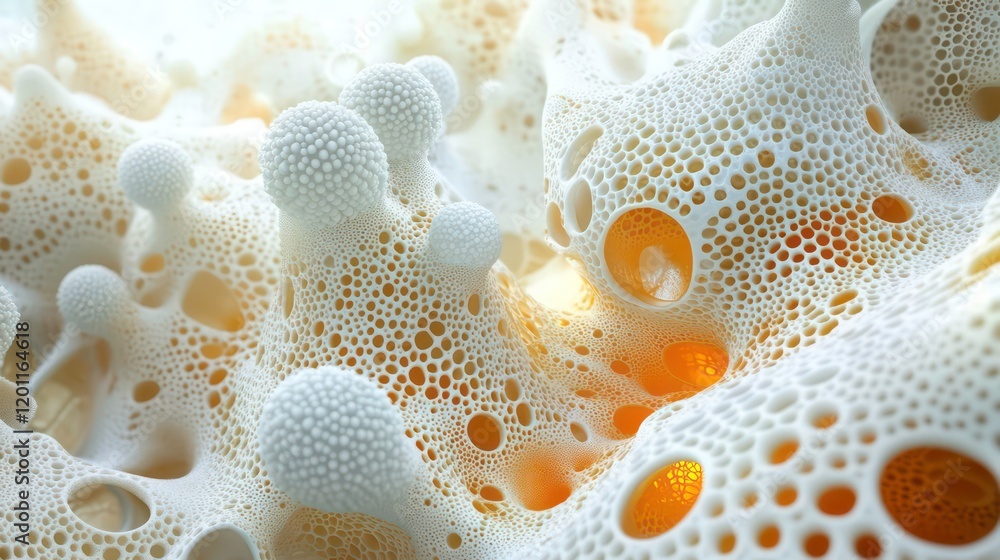 Poster abstract 3d render of a porous, organic structure with textured surfaces and glowing orange inner ca