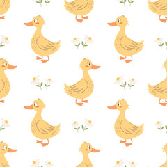 Seamless pattern with cute ducklings and daisies on a white background. Background for baby clothes.