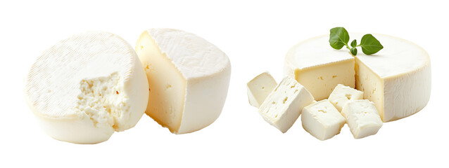 Soft creamy goat Chvre cheese wheel isolated on white transparent background. Dairy product concept.