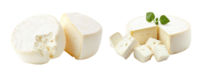 Soft creamy goat Chvre cheese wheel isolated on white transparent background. Dairy product concept.