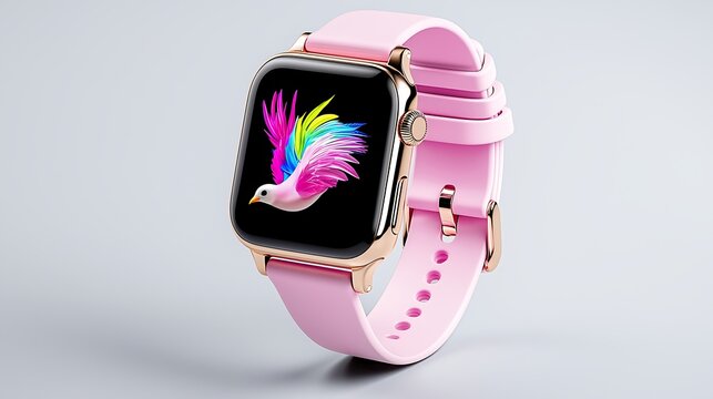 Pink smartwatch with vibrant bird illustration on screen