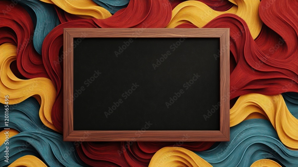 Poster abstract colorful swirls background with wooden frame and blank blackboard for text or message