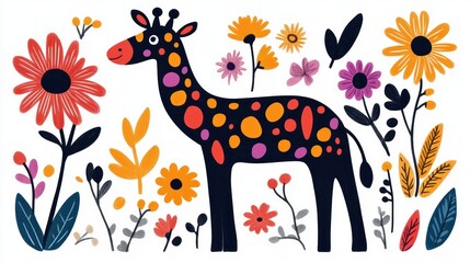 Obraz premium Colorful Giraffe in a Vibrant Floral Garden Illustration Cute Animal Art Print