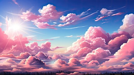 Pink clouds float across a vivid blue sky with bright sun rays on a horizon background