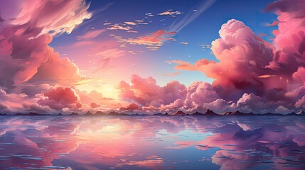A serene landscape featuring pink clouds and a blue sky reflected in calm water creating a beautiful scene