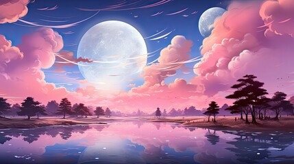 Pink Clouds and Blue Sky Landscape with Moon, dreamy pastel color abstract landscape with water reflection
