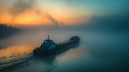 Obraz premium Barge moves through foggy river at sunset glow.