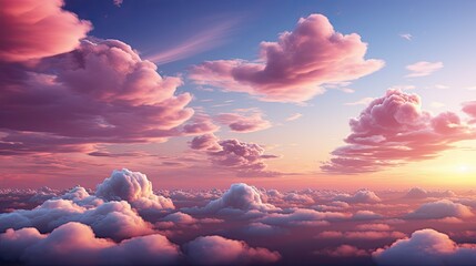 Vibrant pink and white clouds float peacefully against a soft blue sky at dawn or dusk