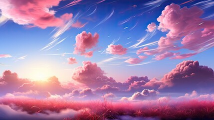 Dreamy Pink Clouds and Blue Sky Background with a field of pink grass landscape image