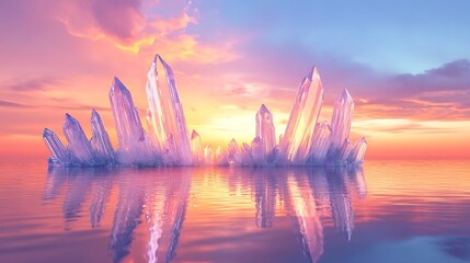 A serene scene with transparent crystal structures rising from a calm body of water under a softly glowing sky