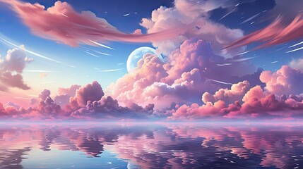 Pink clouds and a blue sky reflected in calm water under the full moon creating a surreal landscape
