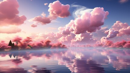 Pink clouds and trees reflected in calm blue water creating a dreamlike landscape