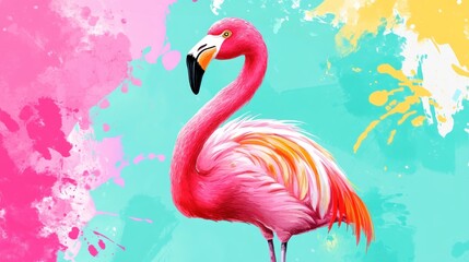 Naklejka premium Vibrant Pink Flamingo on Abstract Watercolor Splash Background