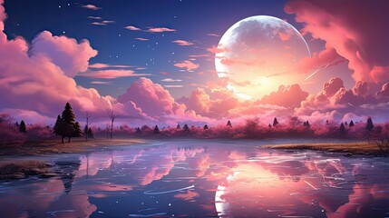 Pink clouds and blue sky with a large moon and a lake reflecting the sunset light