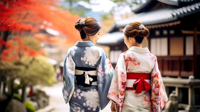girl wearing kimono walking in town