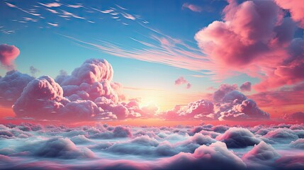 Dreamy Pink Clouds Floating in a Gradient Blue Sky at Sunrise with soft sunlight rays