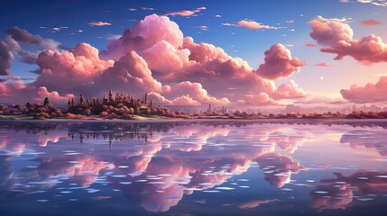 Pink clouds hover over a serene lake reflecting a castle landscape under blue skies